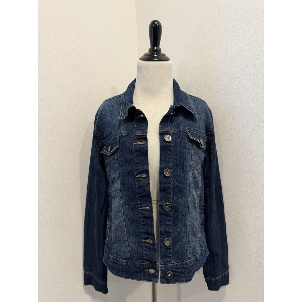 Style & Co Denim Jacket Sz L Blue Jean Button-Up Classic Bedazzle Pocket Detail